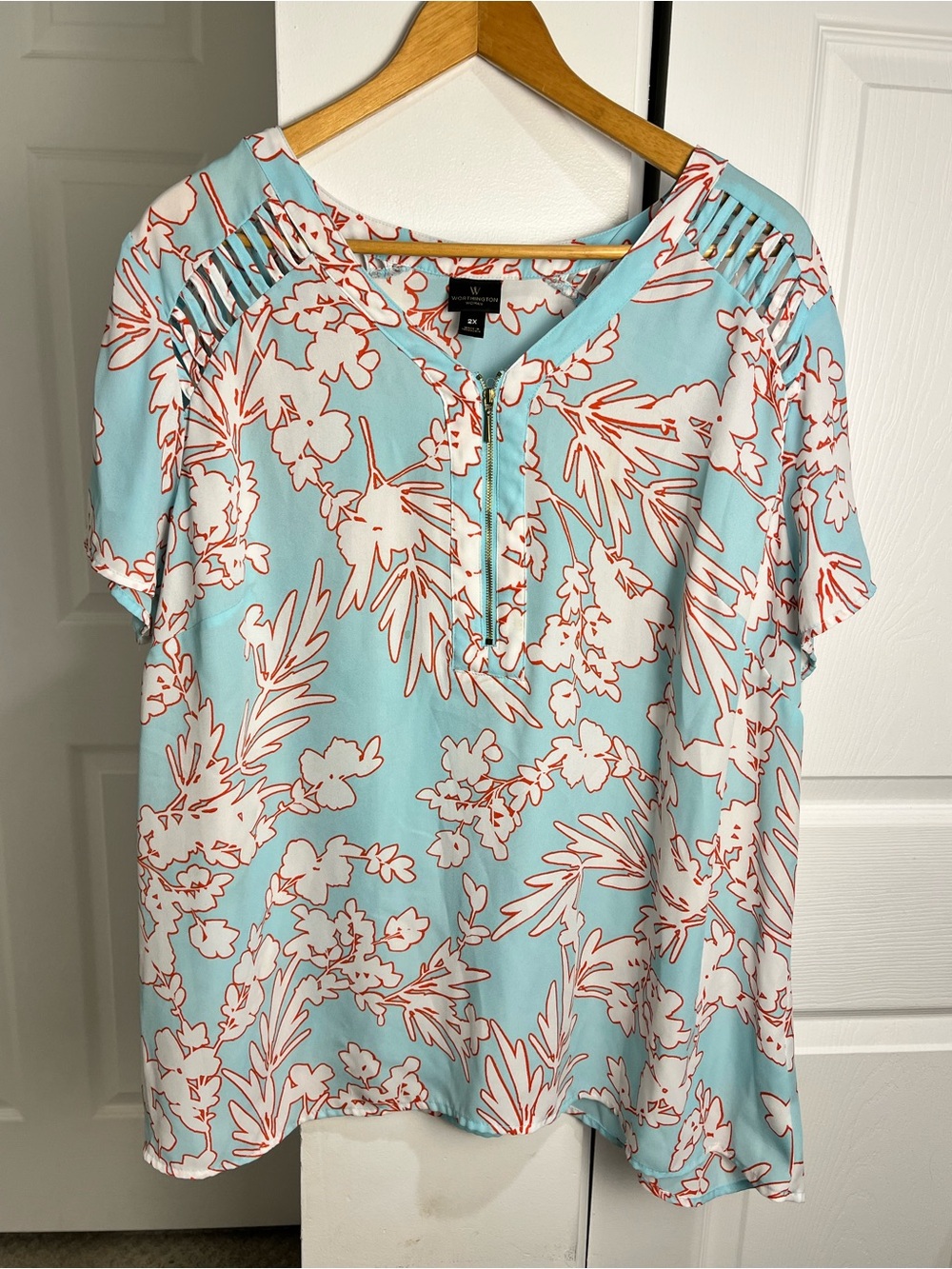 Worthington Women’s Turquoise Tropical Floral Zip Blouse Sz 2X Vacation Travel